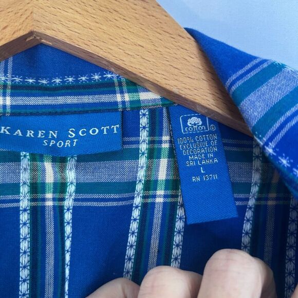 Karen Scott Sport Blue Plaid Snowman Motif Cotton Button Front Shirt Size Large - Picture 6 of 8